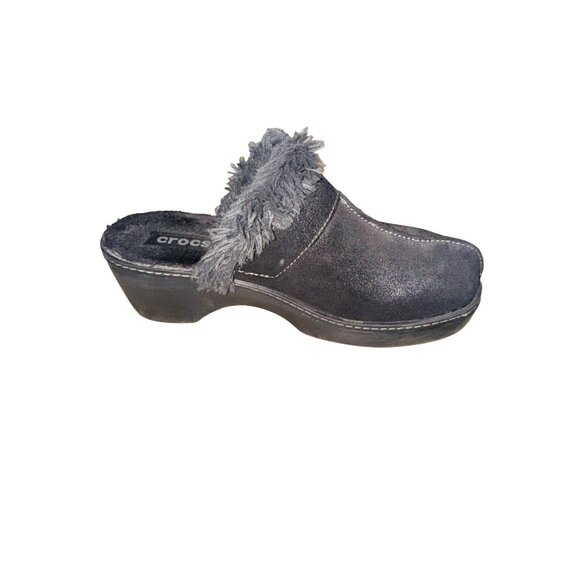 Crocs Shoes Womens 7 Cobbler Mule Clogs Black Suede Faux Fur Trim Wedge 11602 - Picture 7 of 10